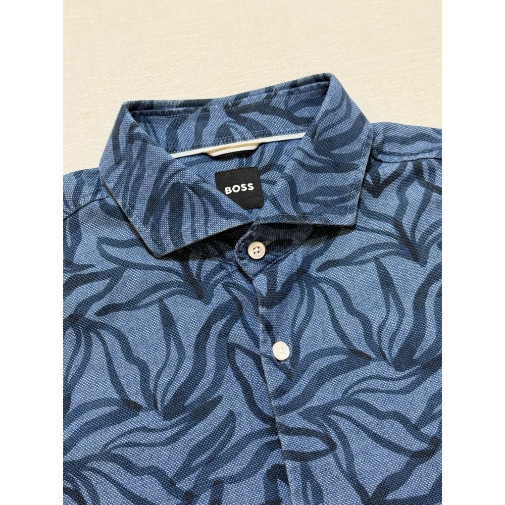 Hugo Boss Hank Stretch Cotton Leaf Print Slim Fit Dress Shirt Size Large 16